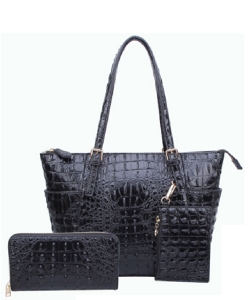 Ostrich Embossed Tote with Matching Wallet  AC1009W BLACK